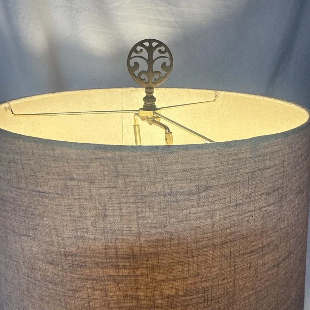 VTG MCM Pottery Lamp Geometric Textured Blue Black White Groovy Design Wood Neck